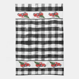 Red Christmas Truck Christmas Tree Black Check Kitchen Towel