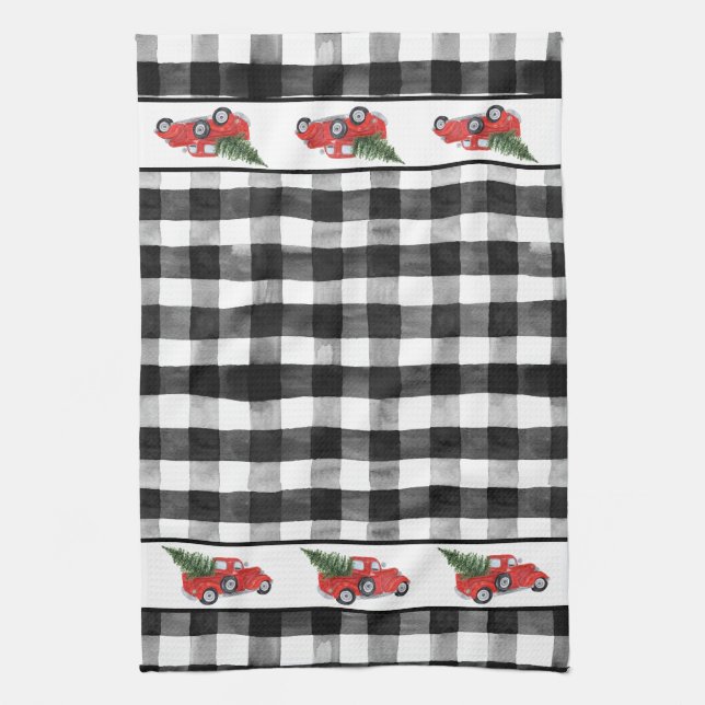 Red Christmas Truck Christmas Tree Black Check Kitchen Towel (Vertical)
