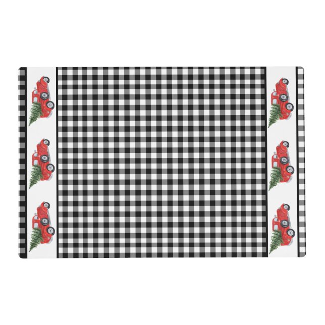 Red Christmas Truck Christmas Tree Black Check Placemat (Front)
