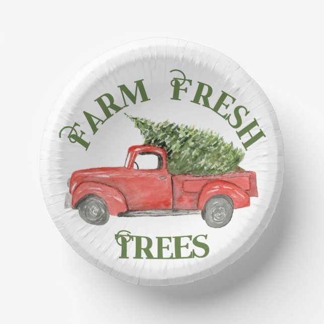 Red Christmas Truck Farm Fresh Trees Paper Bowls (Front)