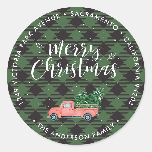 Red Christmas Truck Green Return Address Labels (Front)