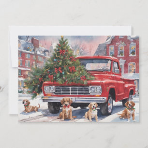 Red Christmas Truck in village with puppies Holiday Card