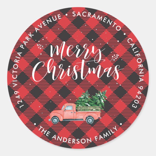 Red Christmas Truck Plaid Return Address Labels (Front)