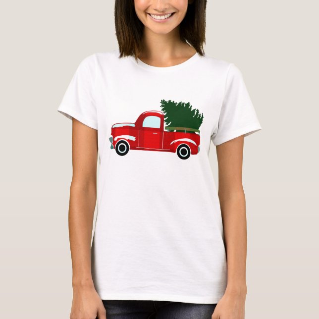 Red Christmas Truck Rustic Christmas Holiday T-Shirt (Front)