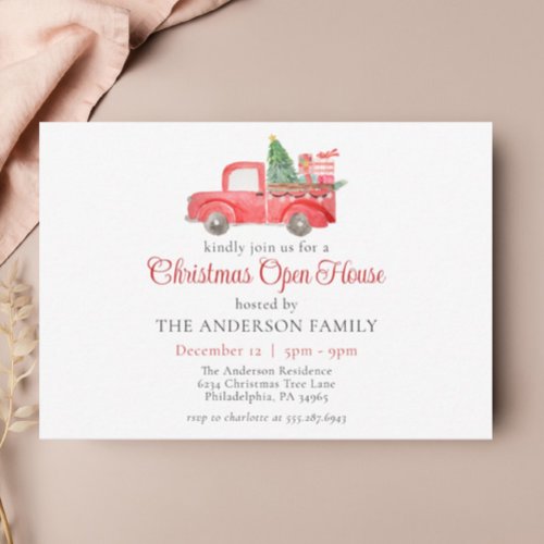 Red Christmas Truck Watercolor Holiday Open House Invitation