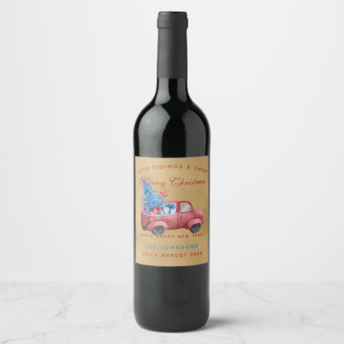 Red Christmas Truck Watercolor Illustration Wine Label