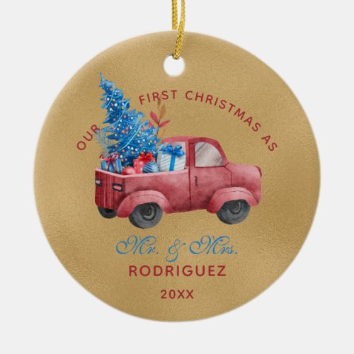 Red Christmas Truck Watercolor Newlyweds Photo Ceramic Ornament