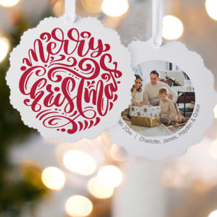 Red Christmas Typography Personalized Photo Ornament Card