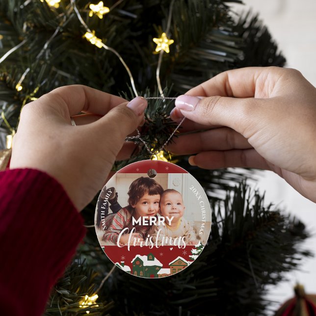 Red Christmas Village Custom Family Photo Keepsake Ceramic Ornament (Red Christmas Village Custom Family Photo Keepsake Ceramic Ornament)