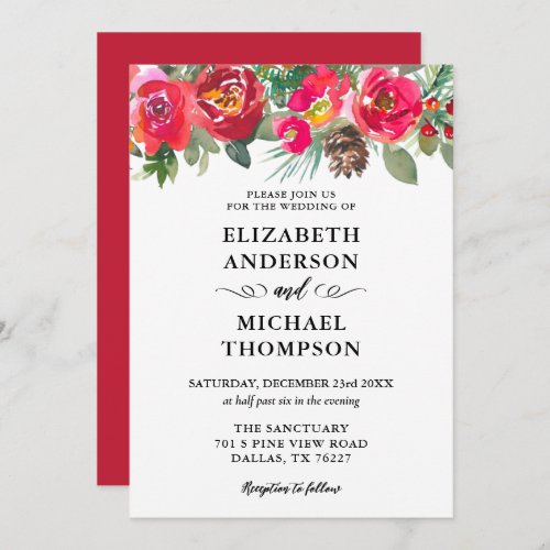 Red Christmas Watercolor Floral Winter Wedding Inv Invitation