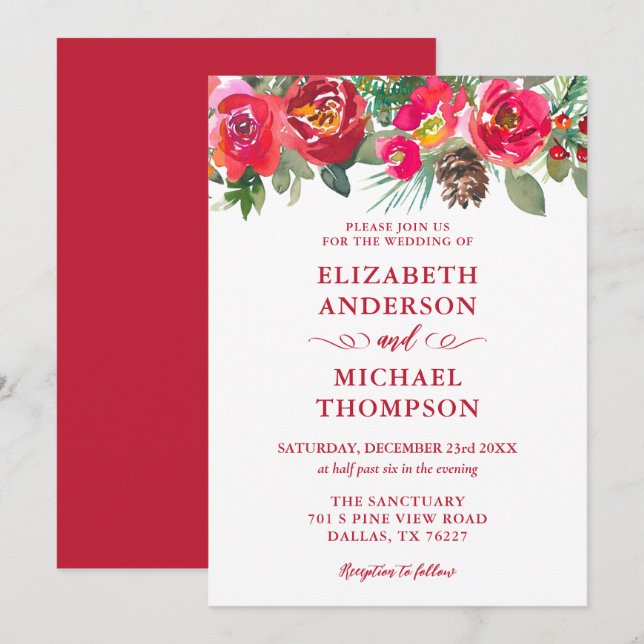Red Christmas Watercolor Floral Winter Wedding Invitation (Front/Back)
