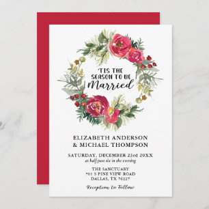Red Christmas Watercolor Floral Wreath Wedding Invitation