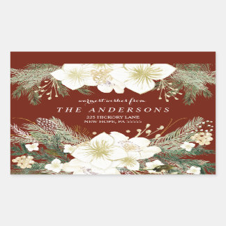 Red Christmas Watercolor Foliage Return Address Rectangular Sticker
