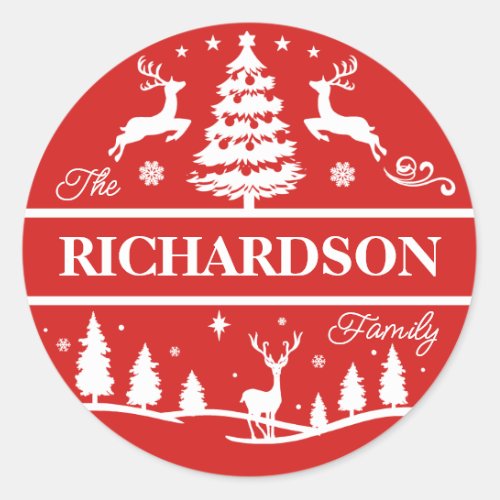 Red Christmas White Family Name Custom  Holiday Classic Round Sticker
