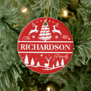 Red Christmas White Family Name Custom   Monogram Ceramic Ornament