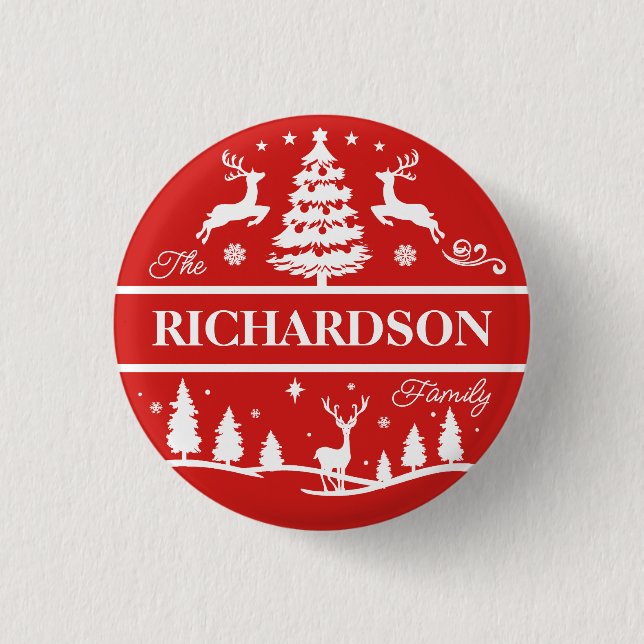 Red Christmas White Family Name Personalized Name Button (Front)