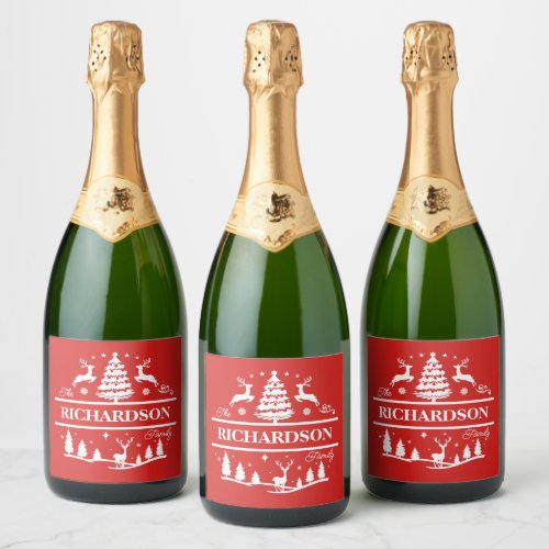 Red Christmas White Family Name Personalized Name  Sparkling Wine Label
