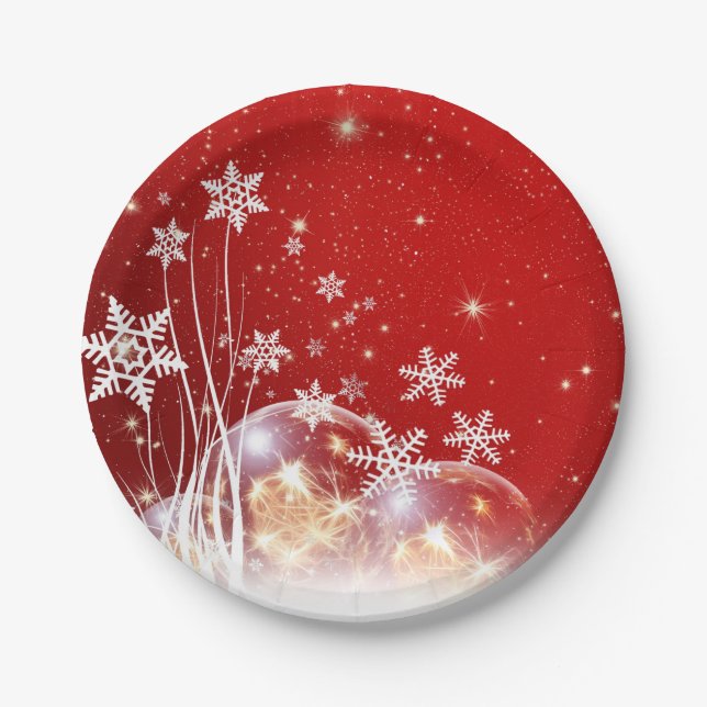 Red christmas white snow paper plates (Front)