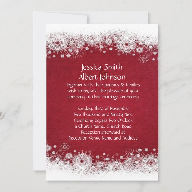 Red Christmas White Snowflakes Wedding Invite (Front)