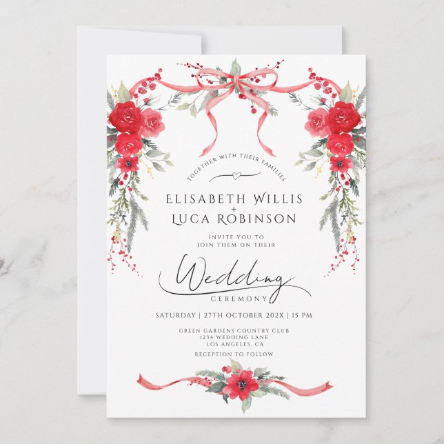 Red Christmas Winter Bow Coquette Ribbon  Wedding Invitation (Front)