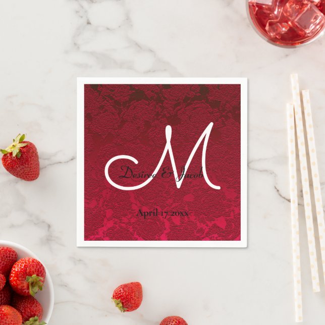 Red Christmas Winter Wedding Reception Monogram Napkins (Insitu)
