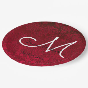 Red Christmas Winter Wedding Reception Monogram Paper Plates