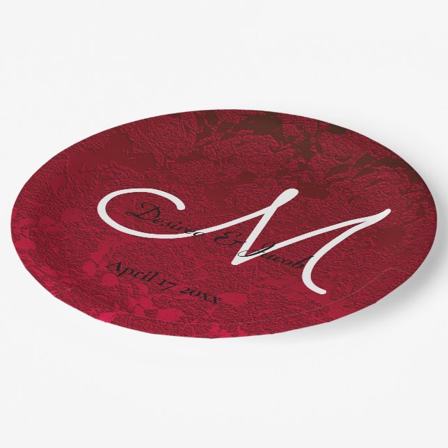 Red Christmas Winter Wedding Reception Monogram Paper Plates (Angled)