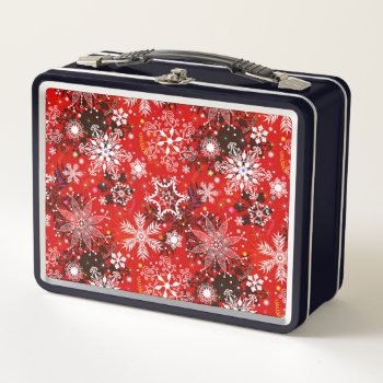 Red Christmas With Snowflakes Metal Lunch Box by All_About_Christmas at Zazzle