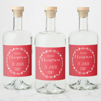 Red Christmas With White Leaves Decor Liquor Bottle Label