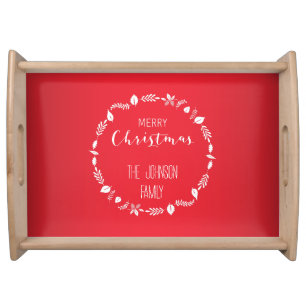 Red Christmas With White Leaves Decor Serving Tray