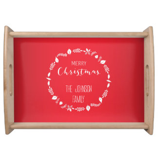 Red Christmas With White Leaves Decor Serving Tray