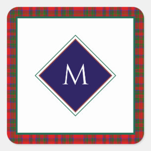 Red Christmas Wool Texture Plaid with Monogram Square Sticker