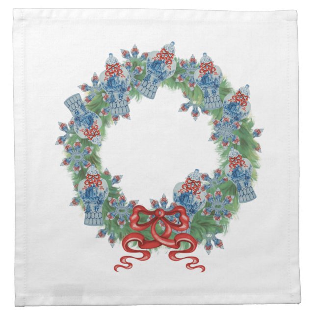 Red Christmas Wreath Blue Ginger Jar Jars  Cloth Napkin (Front)