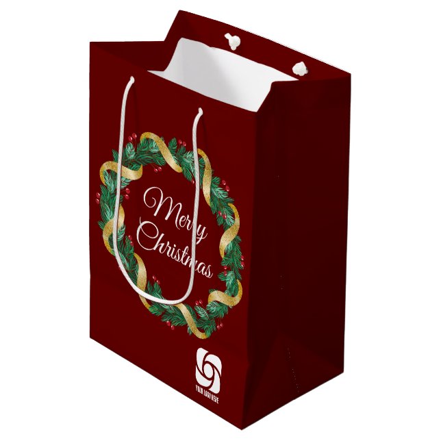 Red Christmas Wreath Custom Company Logo Party Medium Gift Bag (Front Angled)