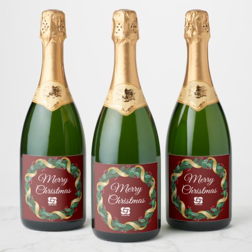 Red Christmas Wreath Custom Company Logo Party Sparkling Wine Label