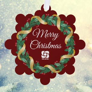 Red Christmas Wreath Custom Company Marketing Ornament Card