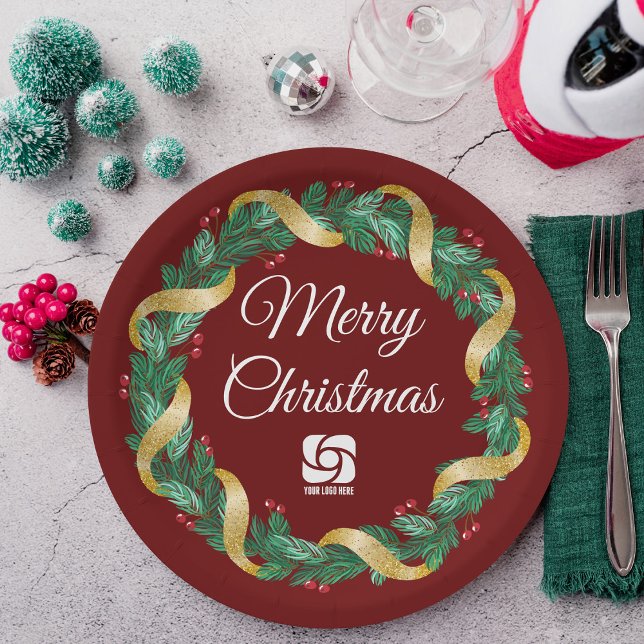 Red Christmas Wreath Custom Company Marketing Paper Plates (Creator Uploaded)