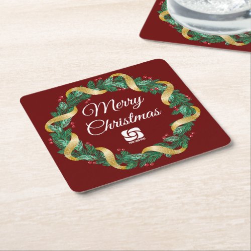 Red Christmas Wreath Custom Company Marketing Square Paper Coaster