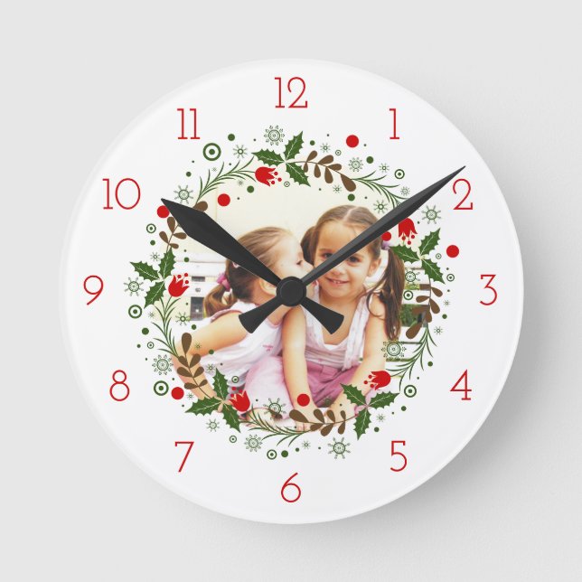 Red Christmas wreath floral holiday photo Round Clock (Front)