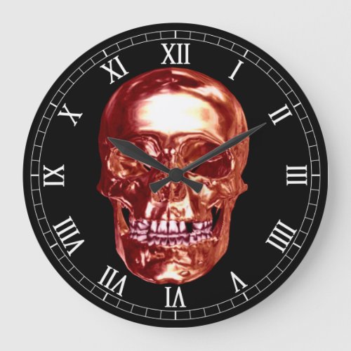 Red Chrome Skull Round Roman Numerals Clock
