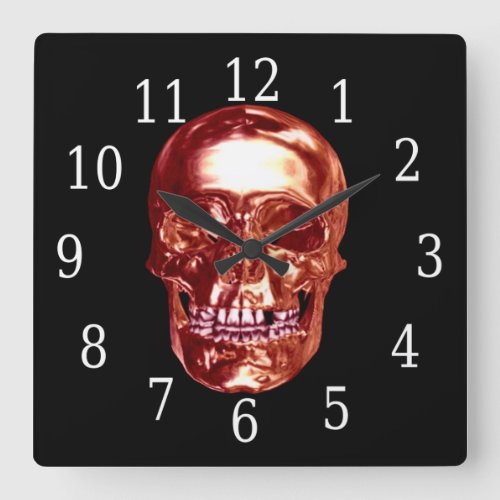 Red Chrome Skull Square Clock