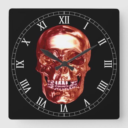 Red Chrome Skull Square Roman Numerals Clock