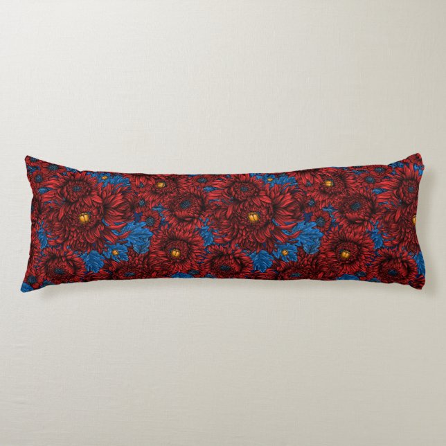 Red chrysanthemum flowers and orange beetles body pillow (Front)