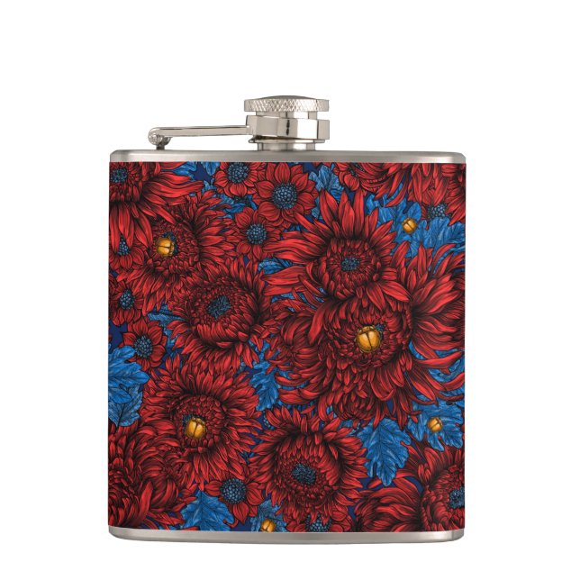 Red chrysanthemum flowers and orange beetles flask (Front)