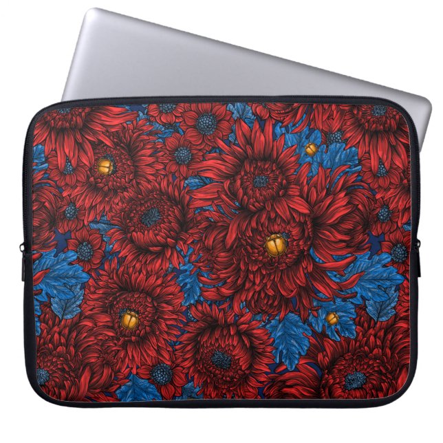 Red chrysanthemum flowers and orange beetles laptop sleeve (Front)