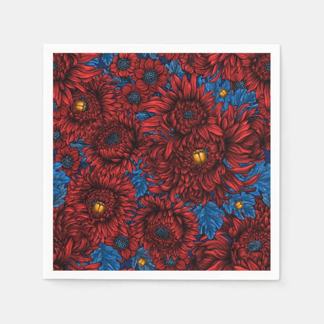 Red chrysanthemum flowers and orange beetles napkins (Front)