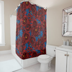 Red chrysanthemum flowers and orange beetles shower curtain