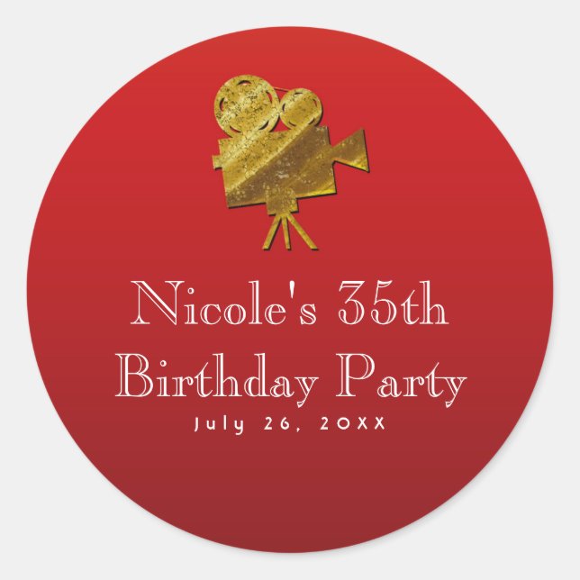 Red Cinema & Gold Stars Hollywood Party Favor Classic Round Sticker (Front)