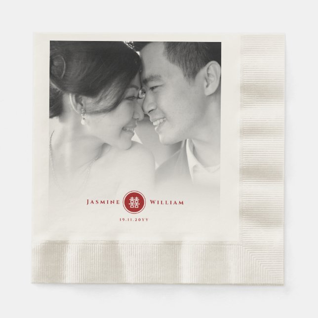 Red Circle Double Happiness Chinese Wedding Photo Paper Napkins (Front)
