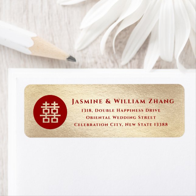 Red Circle Double Happiness Gold Chinese Wedding Label (Insitu)